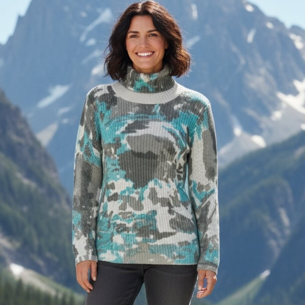Spanner Camo‎ Turtleneck Sweater L Khaki, Teal, Beige #251C